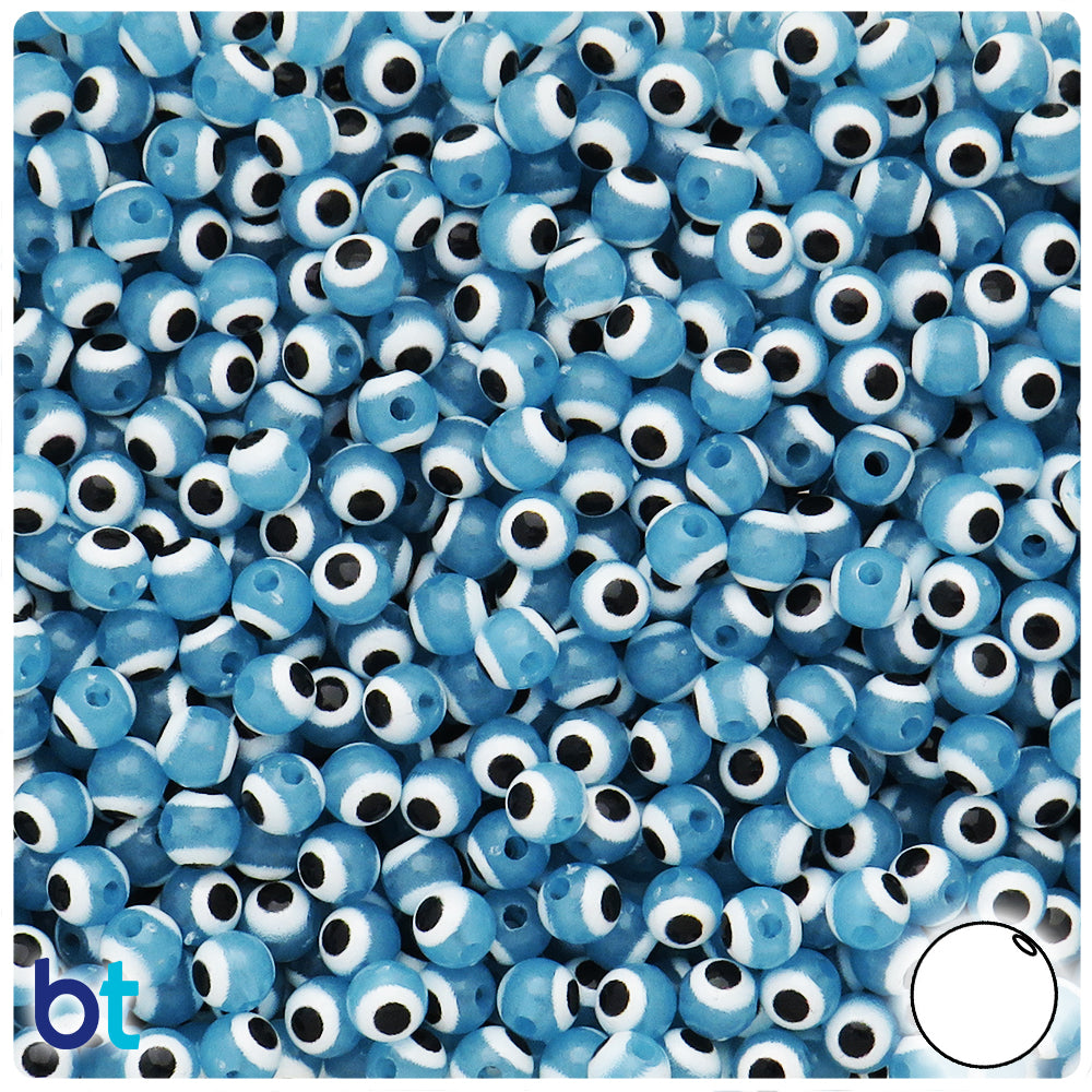 Blue Luminous 6mm Round Plastic Beads - Evil Eye Design (150pcs)