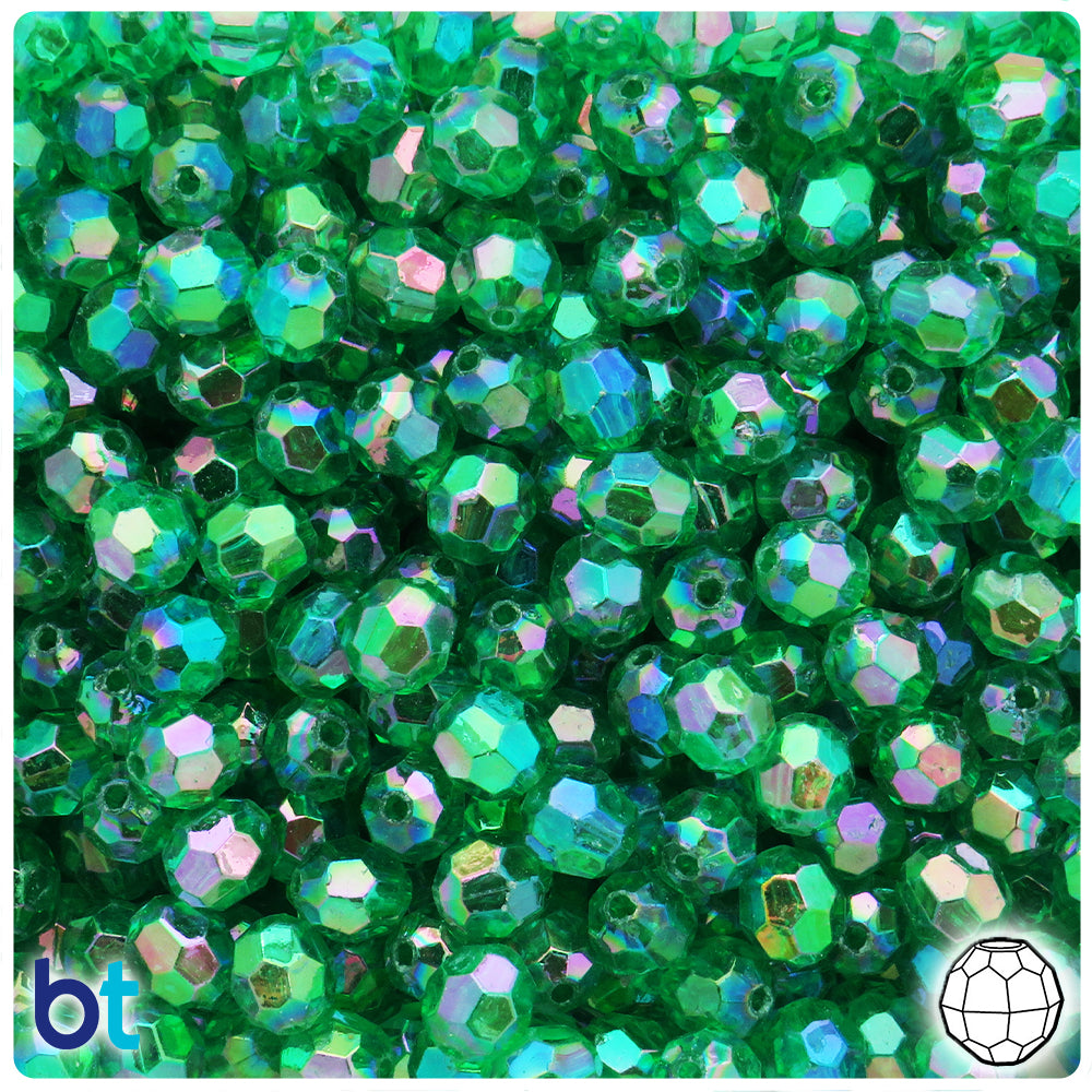 Green Transparent AB 8mm Faceted Round Plastic Beads (200pcs)