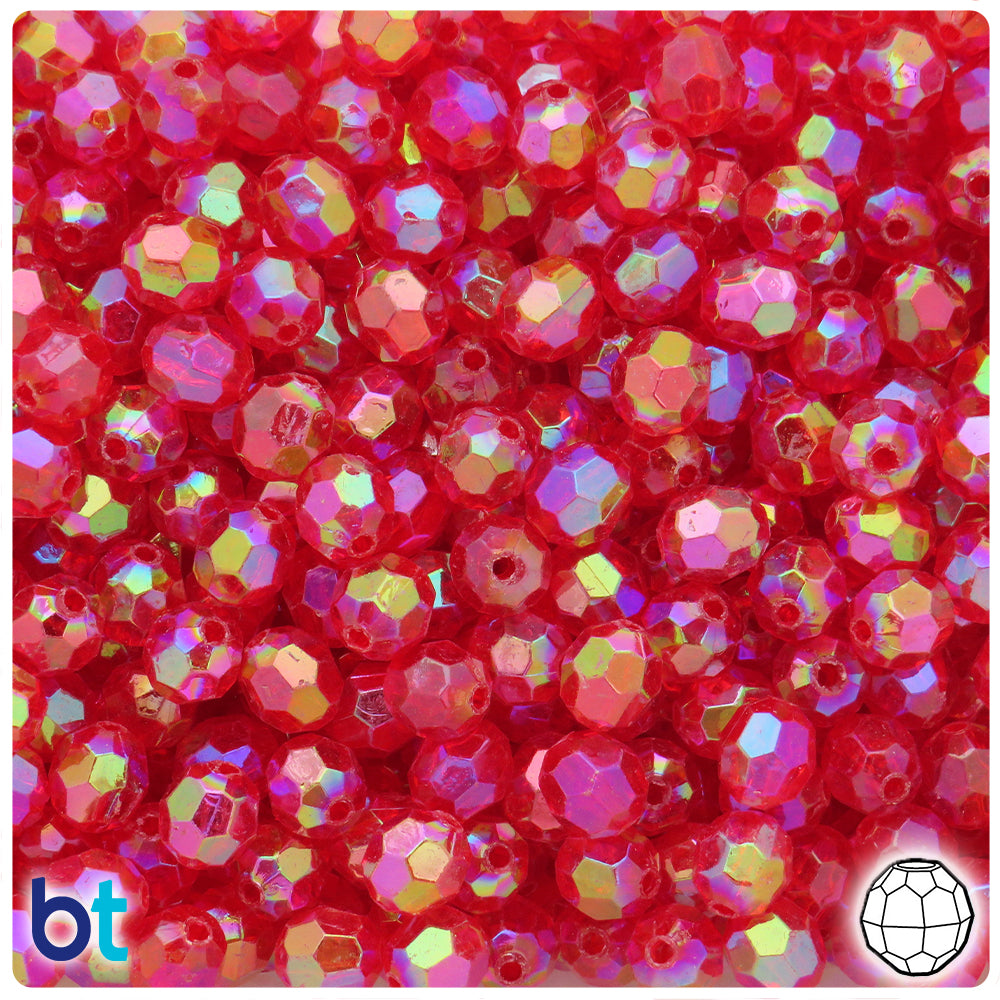 Red Transparent AB 8mm Faceted Round Plastic Beads (200pcs)