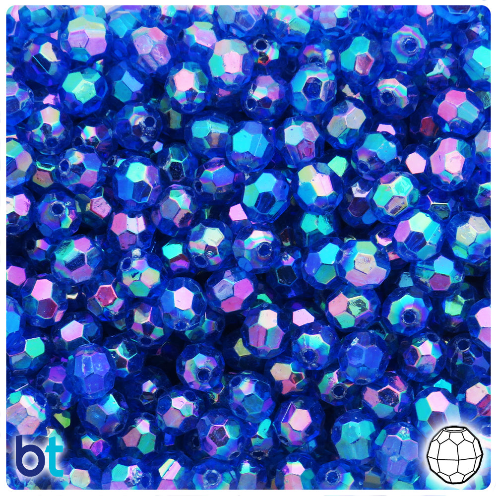 Dark Blue Transparent AB 8mm Faceted Round Plastic Beads (200pcs)