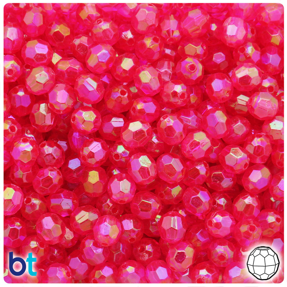 Dark Pink Transparent AB 8mm Faceted Round Plastic Beads (200pcs)