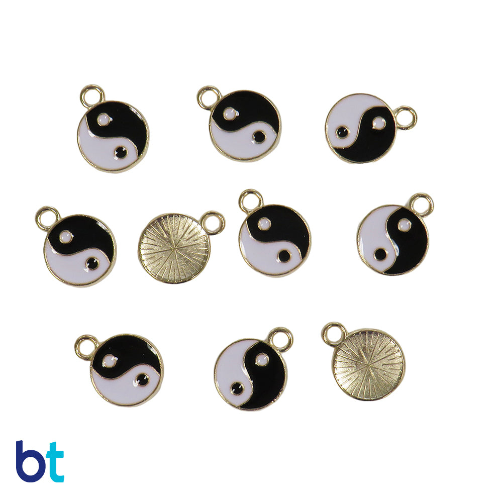 Black & White Gold Tong 12mm Ying Yang Metal Charms (10pcs)