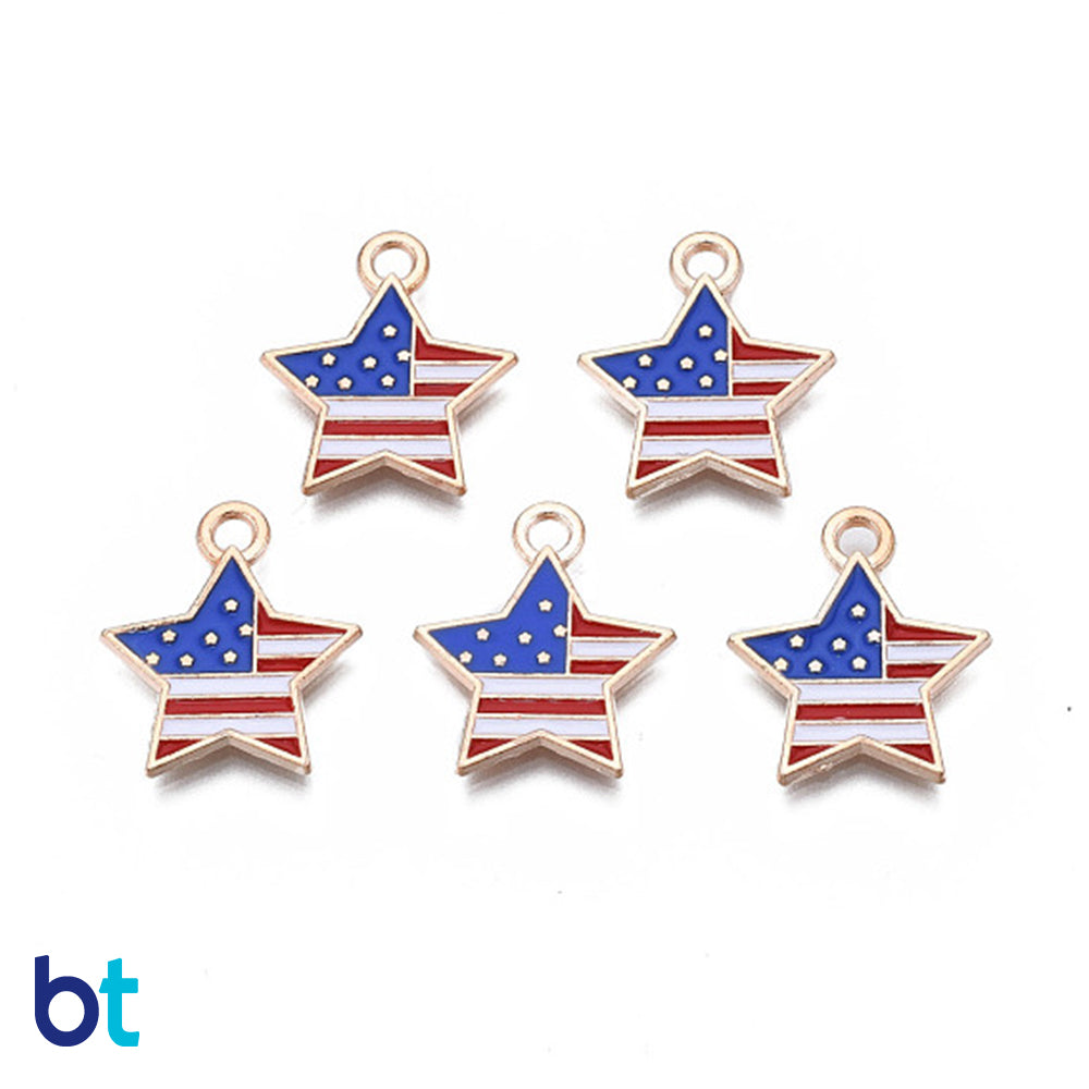 Red, White & Blue Enamel Silver Tone 19mm Star Metal Charms (10pcs)