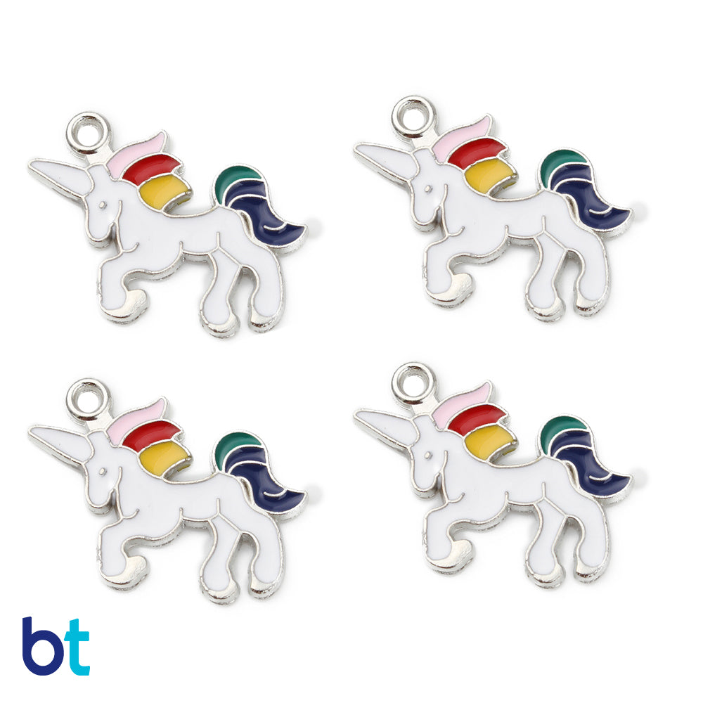 Rainbow & White Enamel Silver Tone 22mm Unicorn Metal Charms (10pcs)