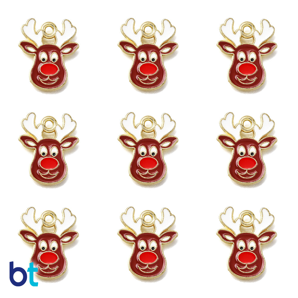 Reindeer 18mm Gold Tone Metal Charms - Brown/Red/White (10pcs)