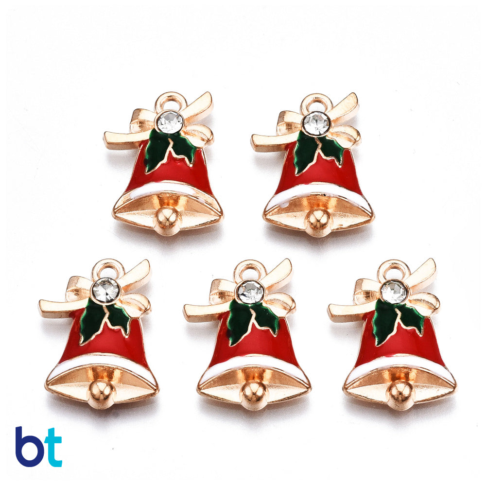 Bell 19mm Gold Tone Metal Charms - Red/Green/White (10pcs)