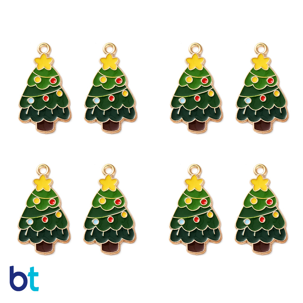 Christmas Tree 27mm Gold Tone Metal Charms - Green/Red/Yellow (10pcs)