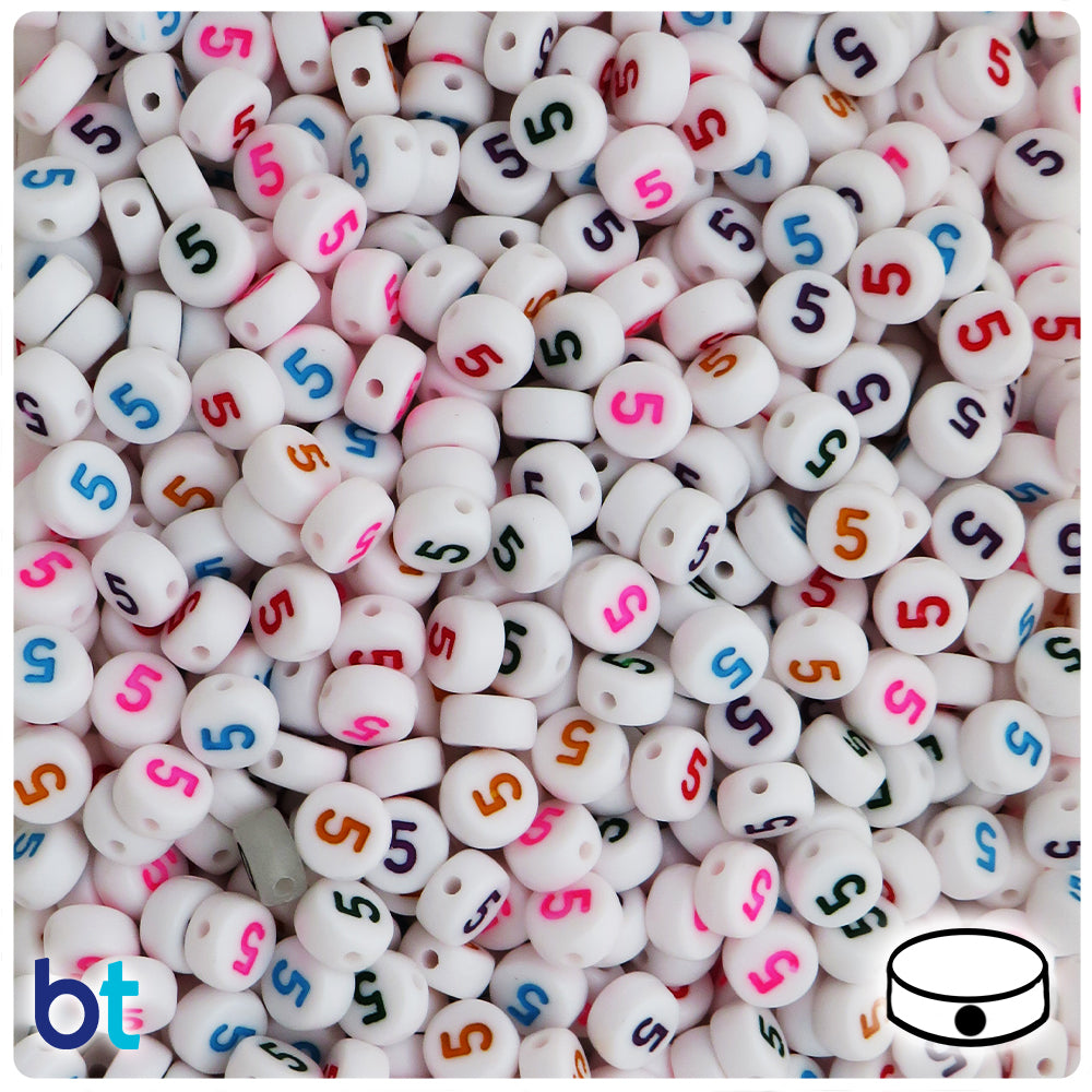 White Opaque 7mm Coin Alpha Beads - Colored Number 5 (100pcs)