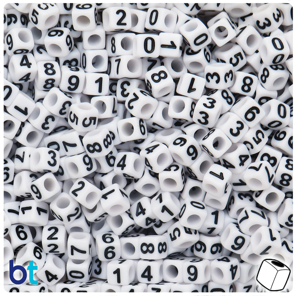 Bulk Buy - White Opaque 6mm Cube Plastic Number Beads - Black Numbers