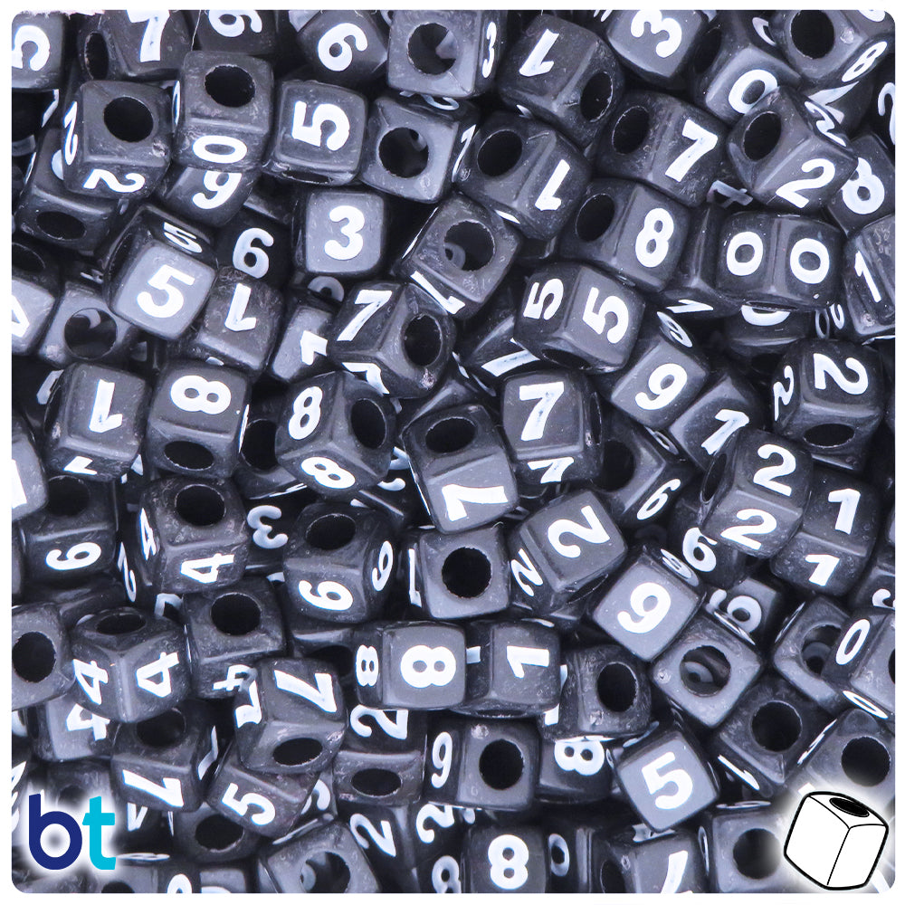 Black Opaque 7mm Cube Alpha Beads - White Number Mix (200pcs)