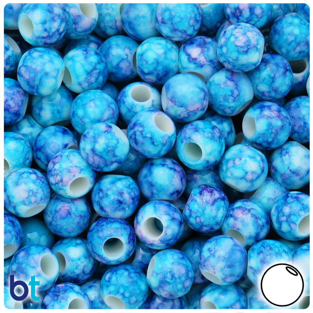 Blue Marbled 12mm Round Large Hole Plastic Pony Beads (75pcs)