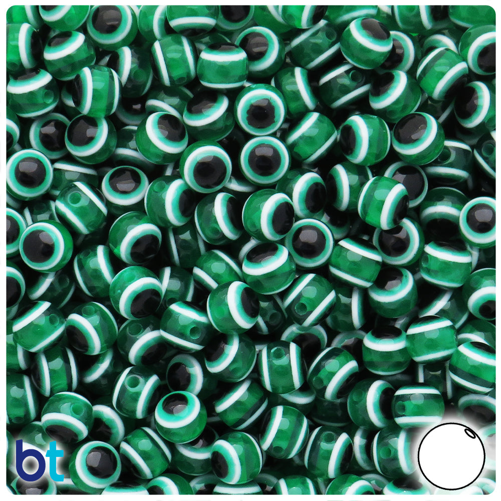 Dark Green Transparent 8mm Round Resin Beads - Evil Eye Design (120pcs)