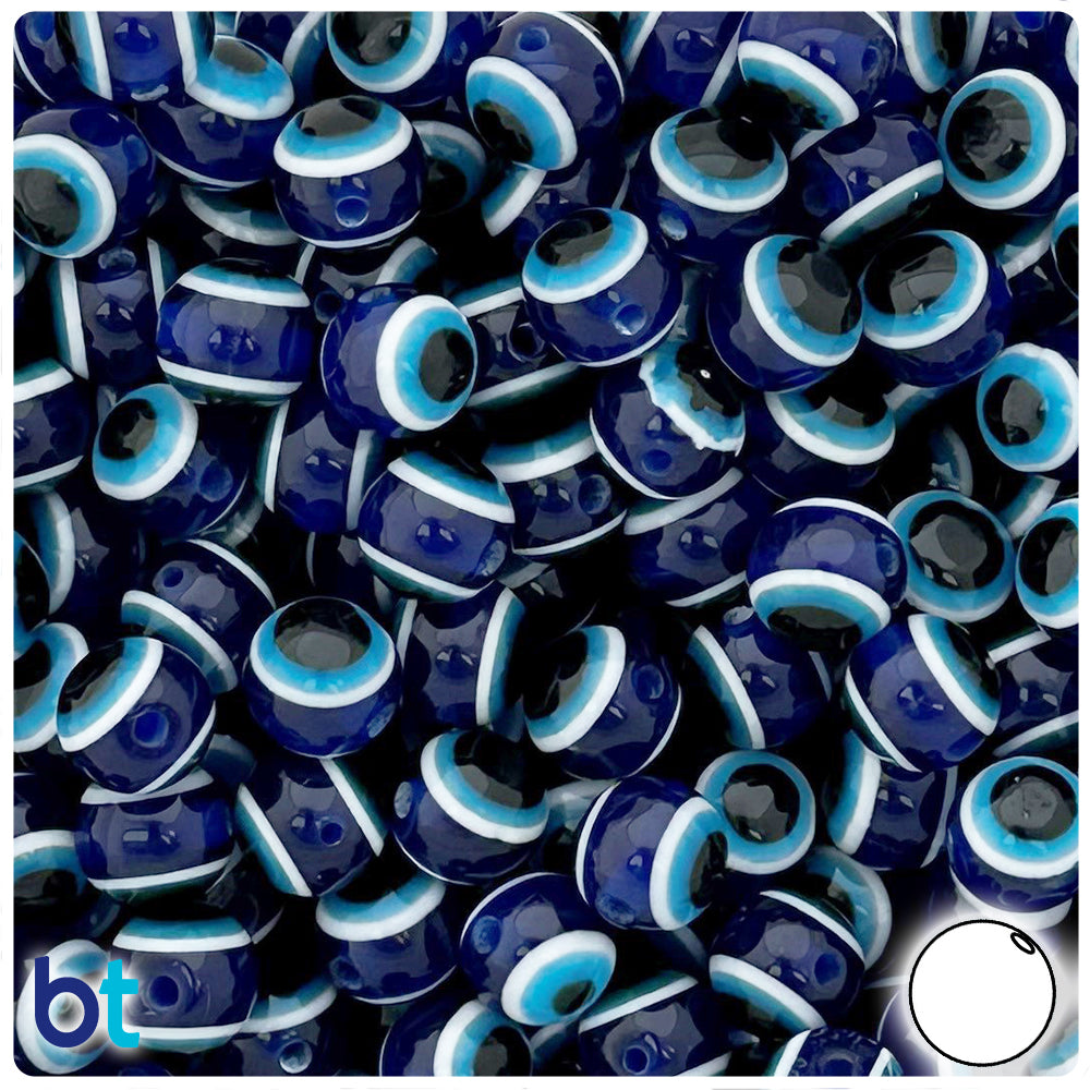 Dark Blue Transparent 10mm Round Resin Beads - Evil Eye Design (100pcs)