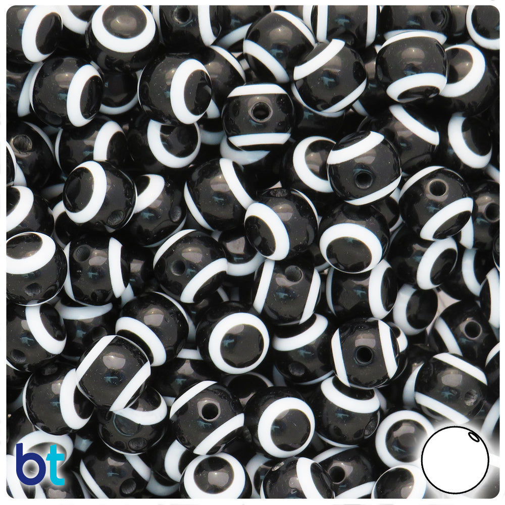 Black Opaque 10mm Round Resin Beads - Evil Eye Design (100pcs)