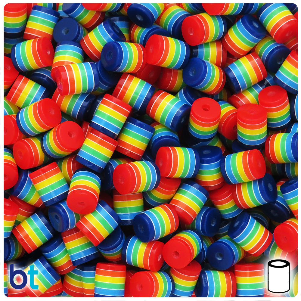 Rainbow Opaque 9mm Drum Resin Beads - White Stripes (100pcs)