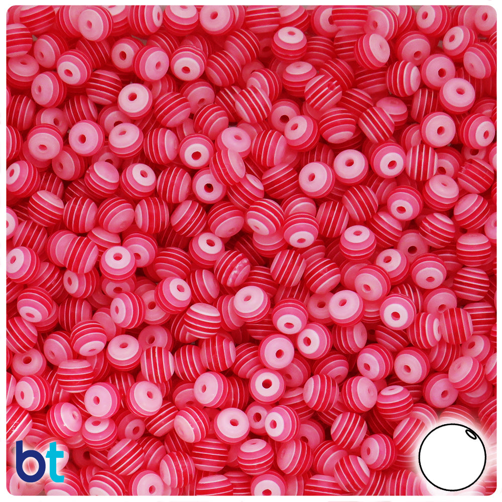 Pink Transparent 6mm Round Resin Beads - White Stripes (150pcs)