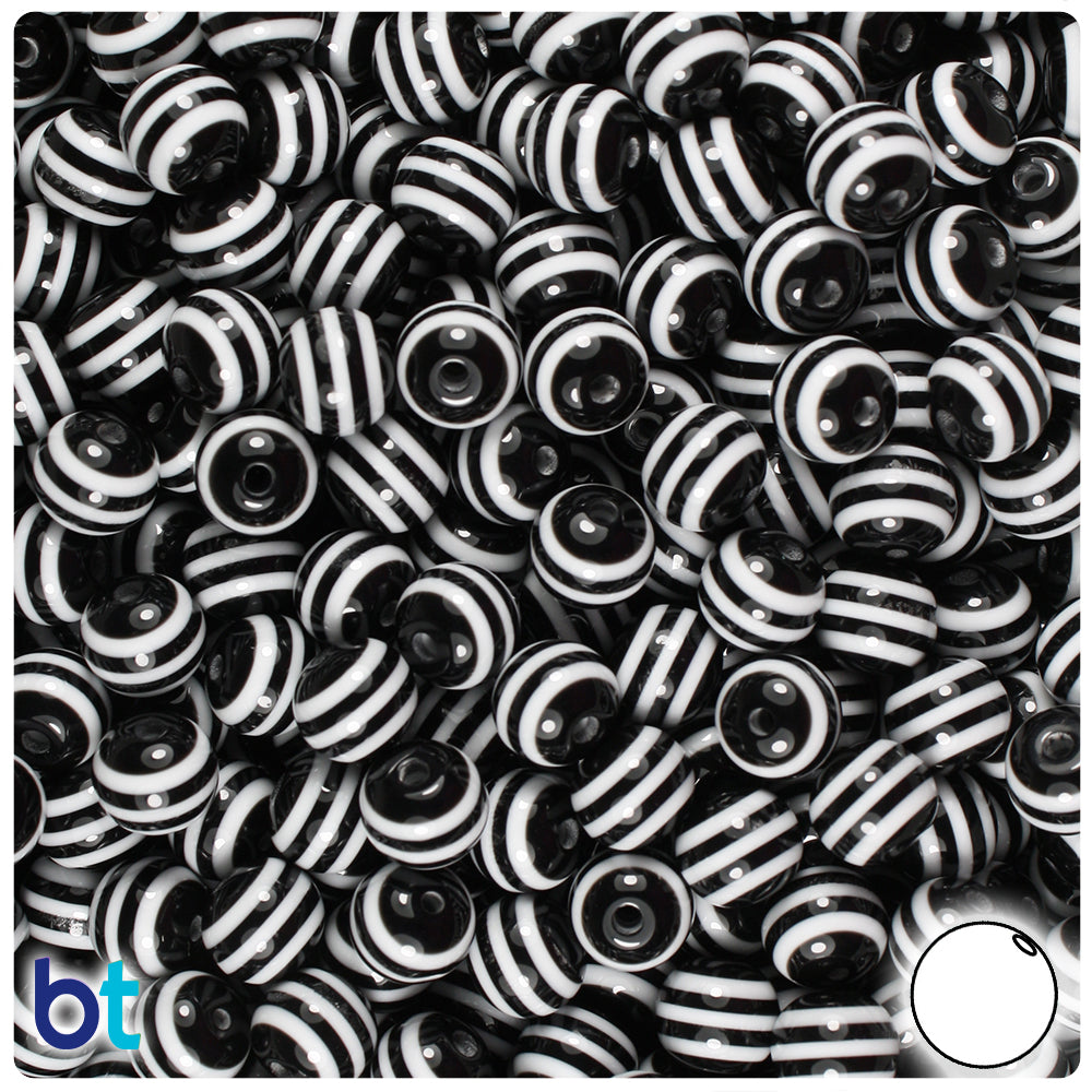 Black Opaque 8mm Round Resin Beads - White Stripes (120pcs)