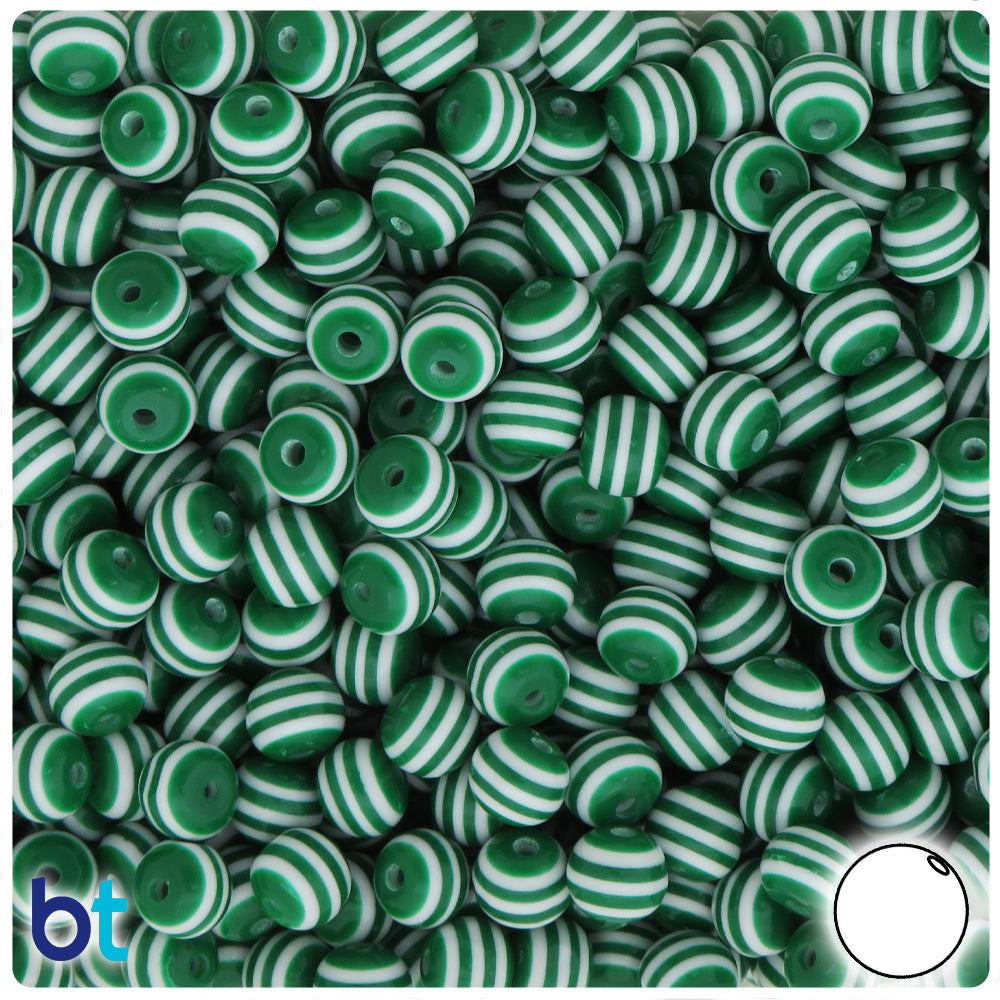 Dark Green Opaque 8mm Round Resin Beads - White Stripes (120pcs)