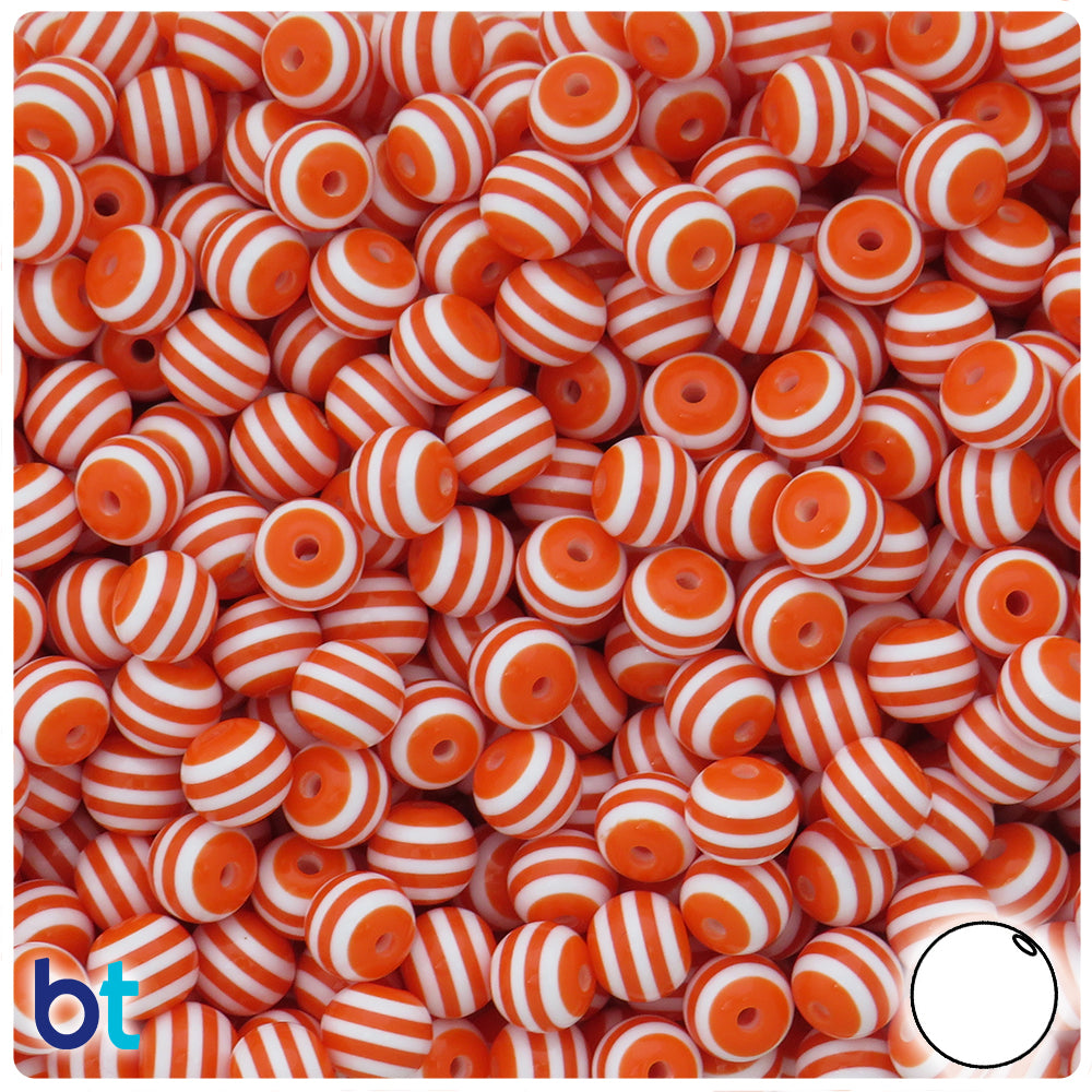 Orange Opaque 8mm Round Resin Beads - White Stripes (120pcs)