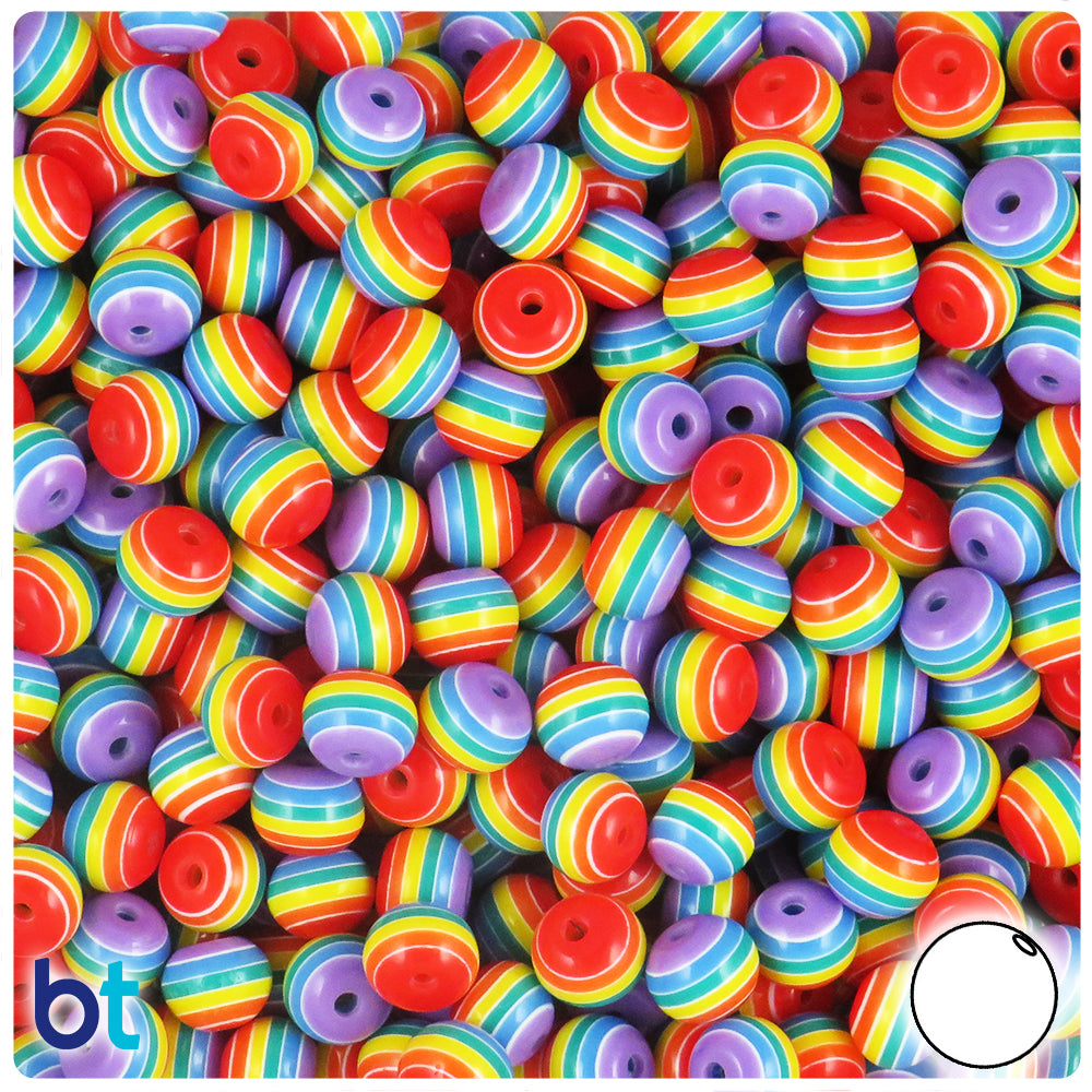 Rainbow Opaque 8mm Round Resin Beads - White Stripes (120pcs)