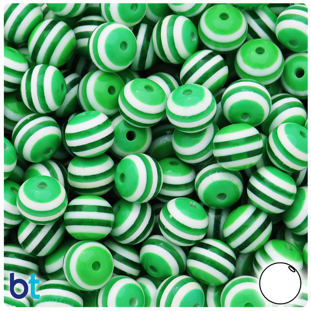 Green Multi 12mm Round Resin Beads - White Stripes (50pcs)