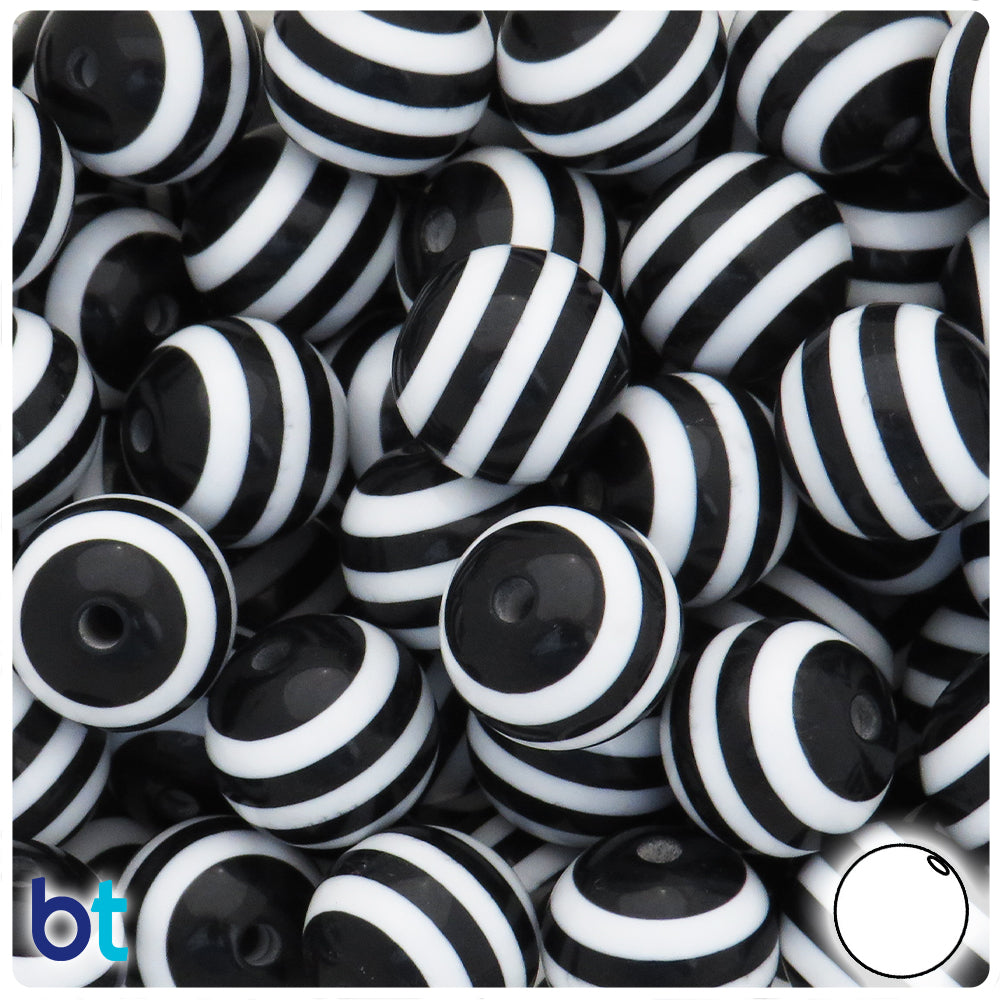 Black Opaque 18mm Round Resin Beads - White Stripes (12pcs)