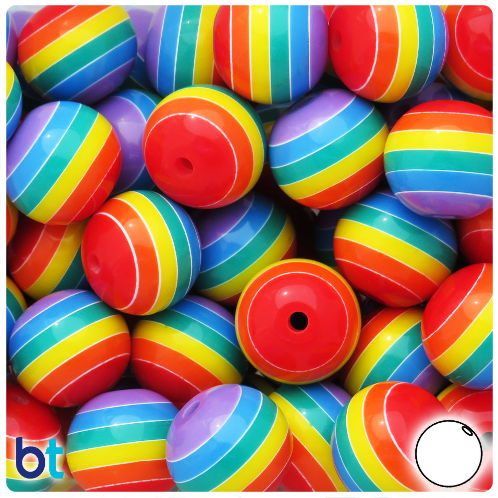 Rainbow Opaque 20mm Round Resin Beads - White Stripes (10pcs)