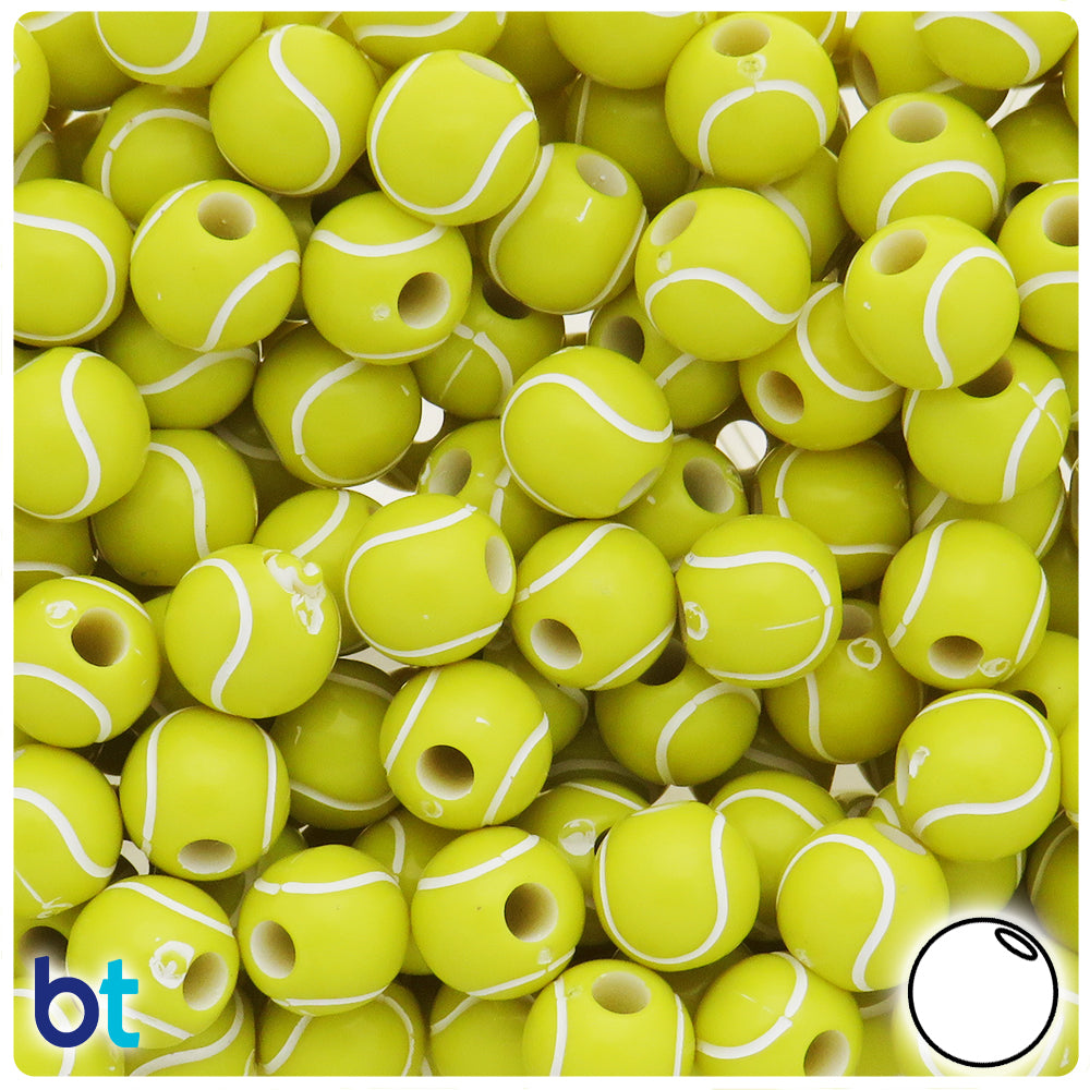 Yellow Opaque 12mm Round Pony Beads - White Tennis Ball Design (48pcs)