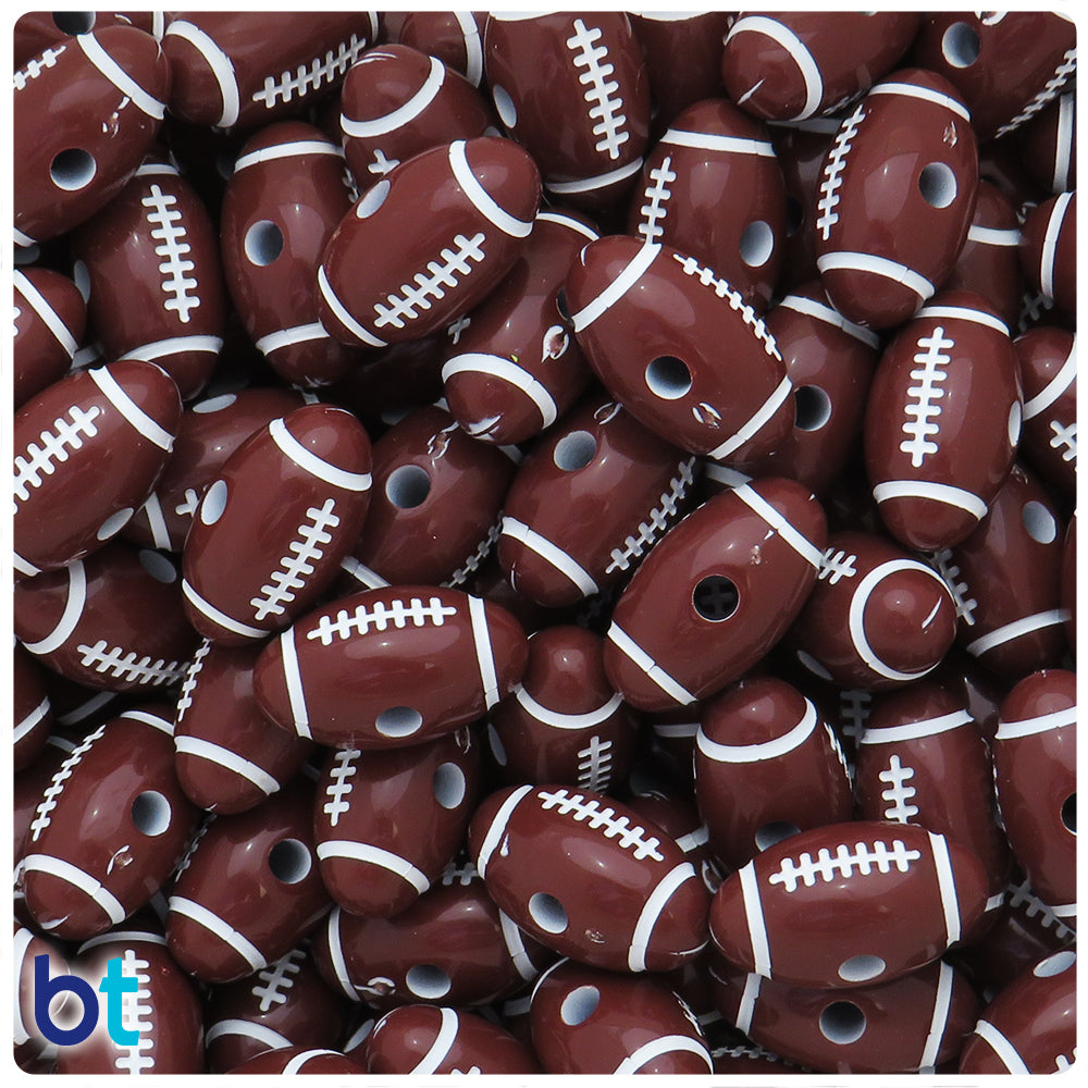 Brown Opaque 18mm Oval Pony Beads - White Rugby Ball Design (48pcs)