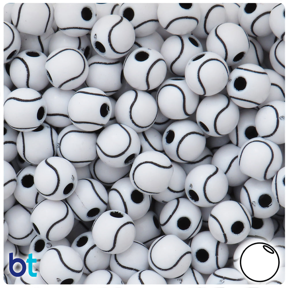 White Opaque 12mm Round Pony Beads - Black Tennis Ball Design (48pcs)
