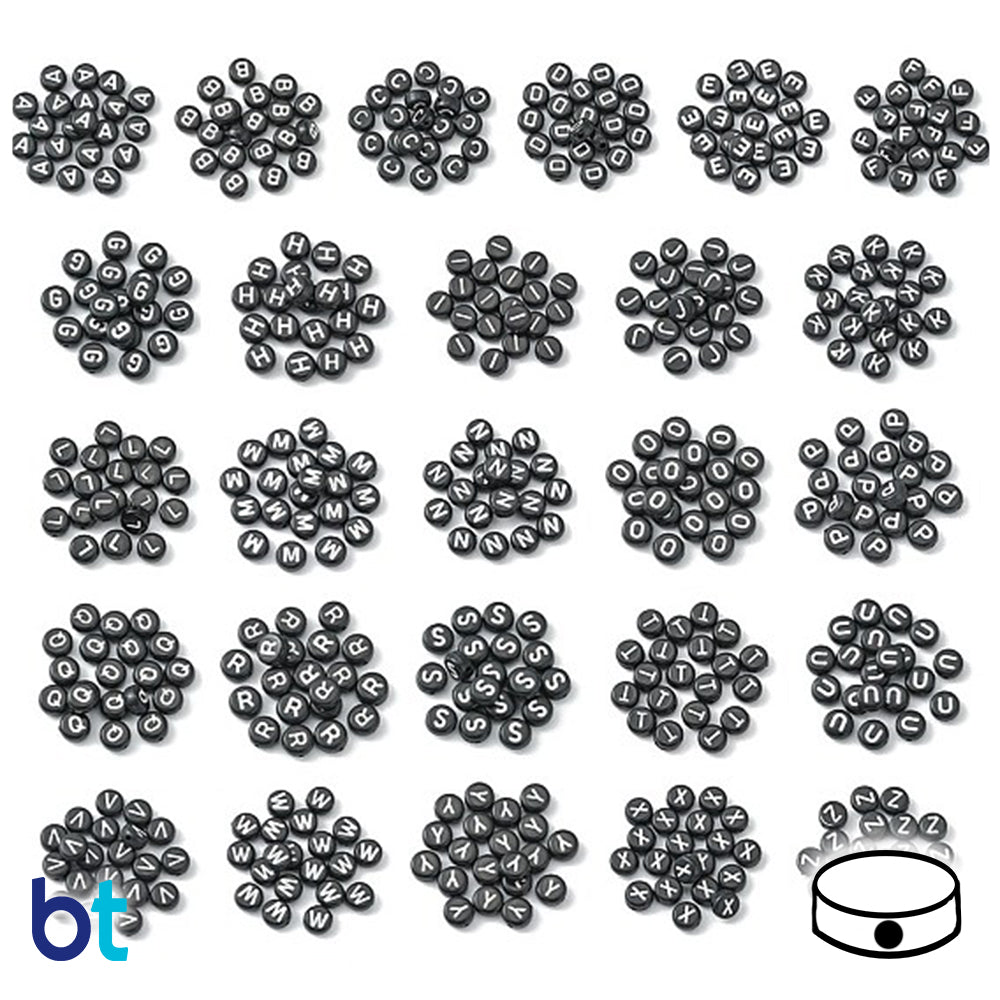 Bulk Buy - Black Opaque 7mm Coin Plastic Alpha Beads - White Letters