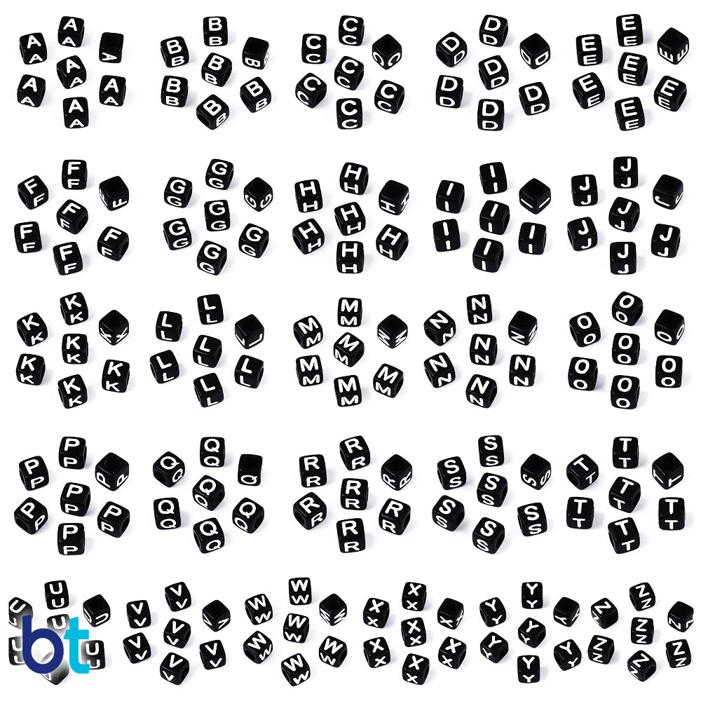 Bulk Buy - Black Opaque 6mm Cube Plastic Alpha Beads - White Letters