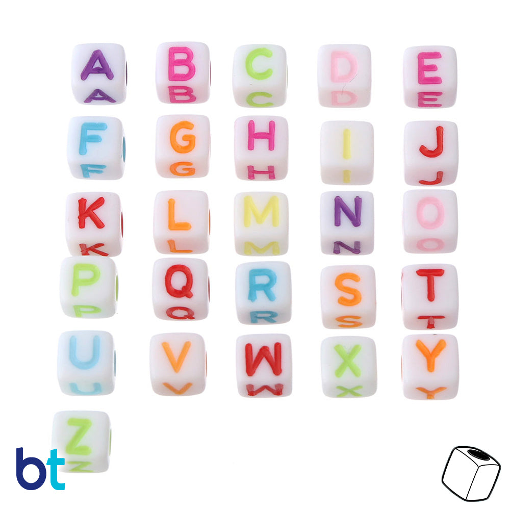 Bulk Buy - White Opaque 6mm Cube Plastic Alpha Beads - Colored Letters