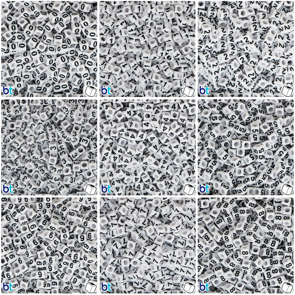 Bulk Buy - White Opaque 6mm Cube Plastic Number Beads - Black Numbers