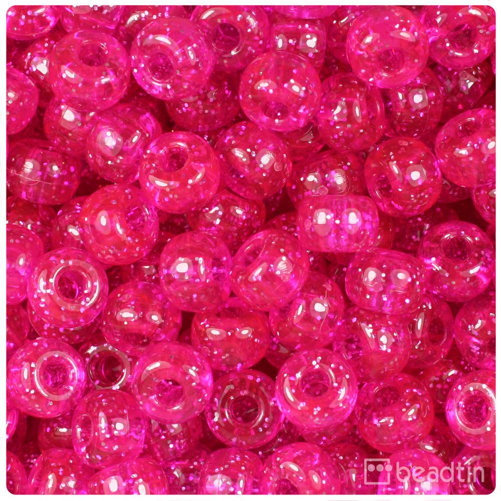 Bright Pink Sparkle 11mm Large Barrel Pony Beads (50pcs)