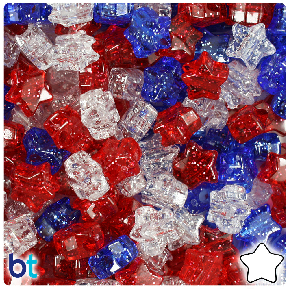 Patriotic Sparkle Mix 13mm Star Pony Beads (250pcs)