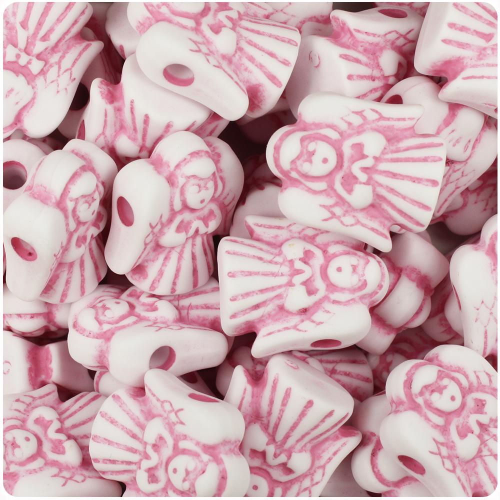 White w/Pink Antique 22mm Angel Pony Beads (8pcs)