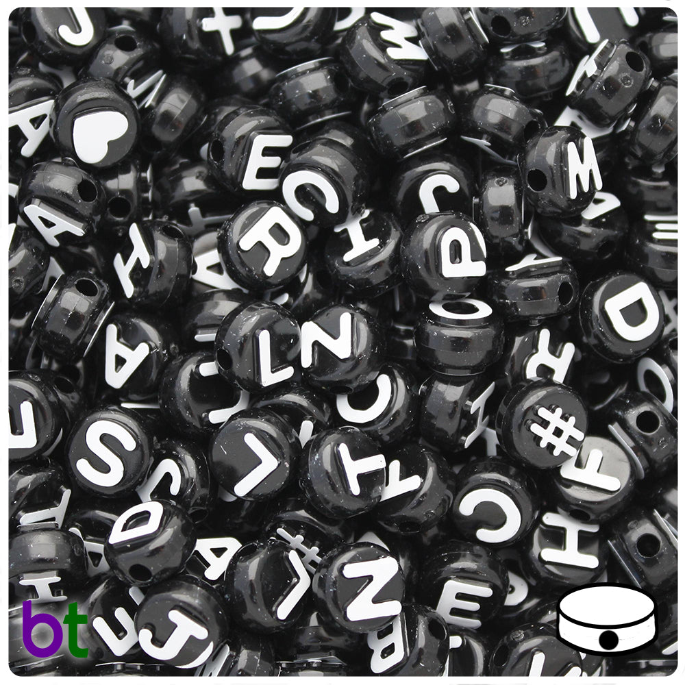 Black Opaque 10mm Coin Alpha Beads - White Letter Mix (144pcs)
