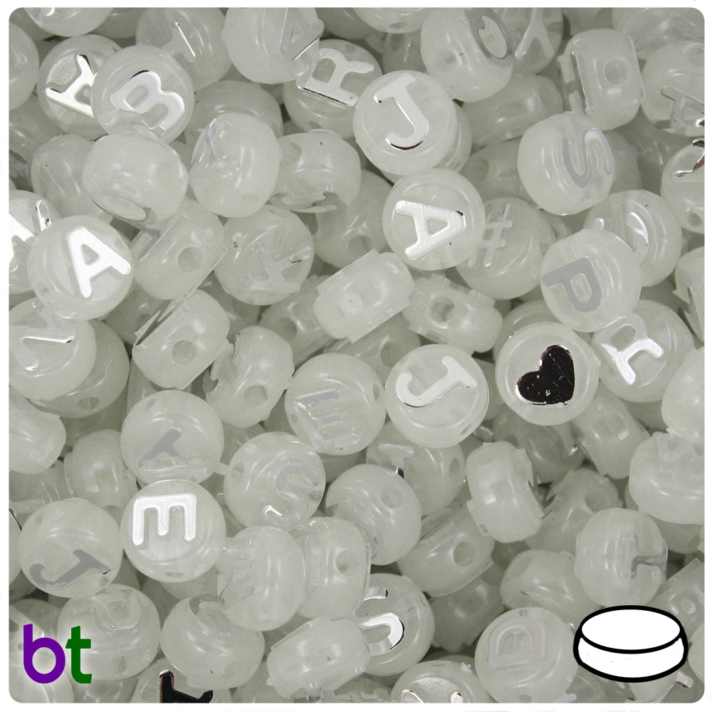 Night Glow-in-the-Dark 10mm Coin Alpha Beads - Silver Letter Mix (144pcs)