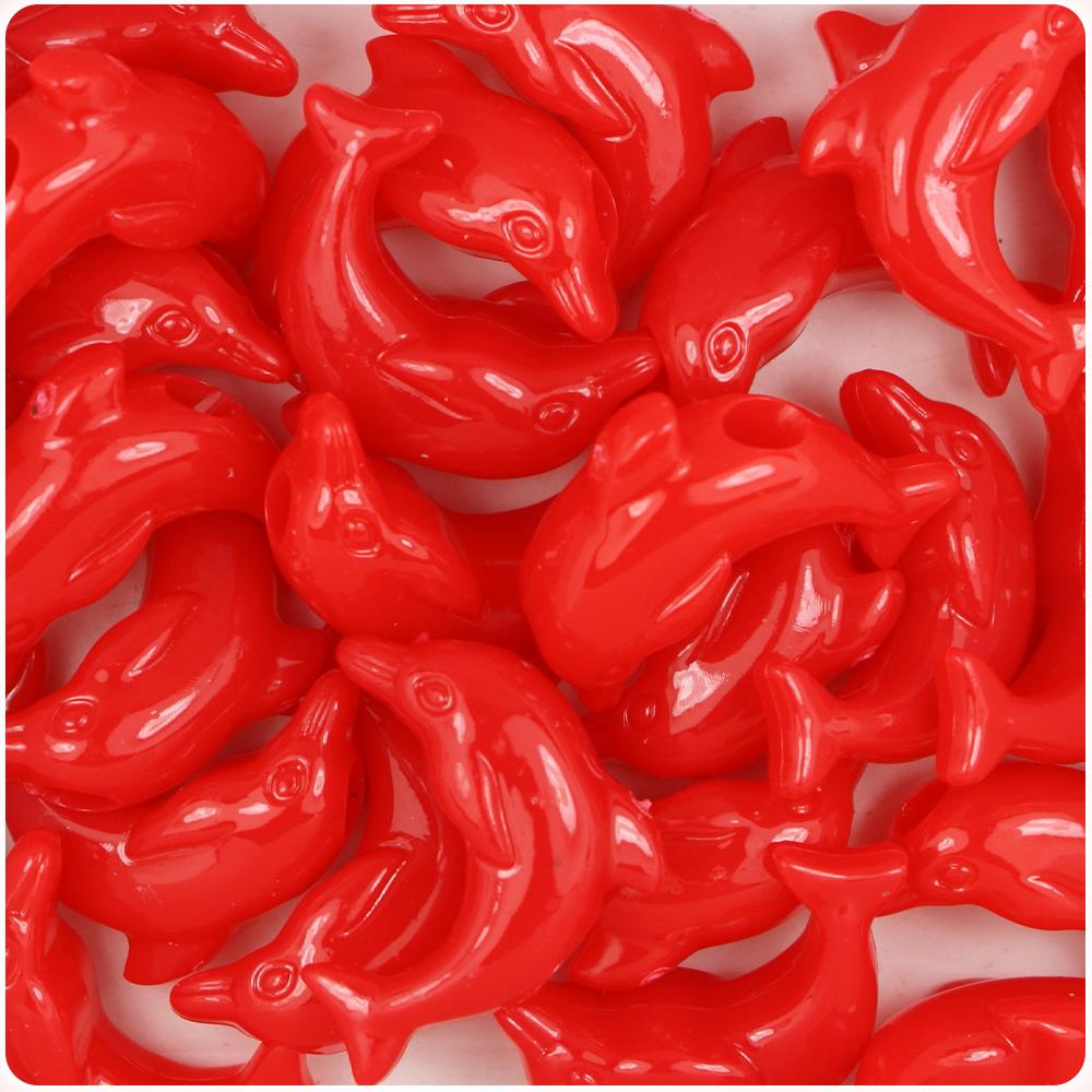 Bright Red Opaque 25mm Dolphin Pony Beads (8pcs)