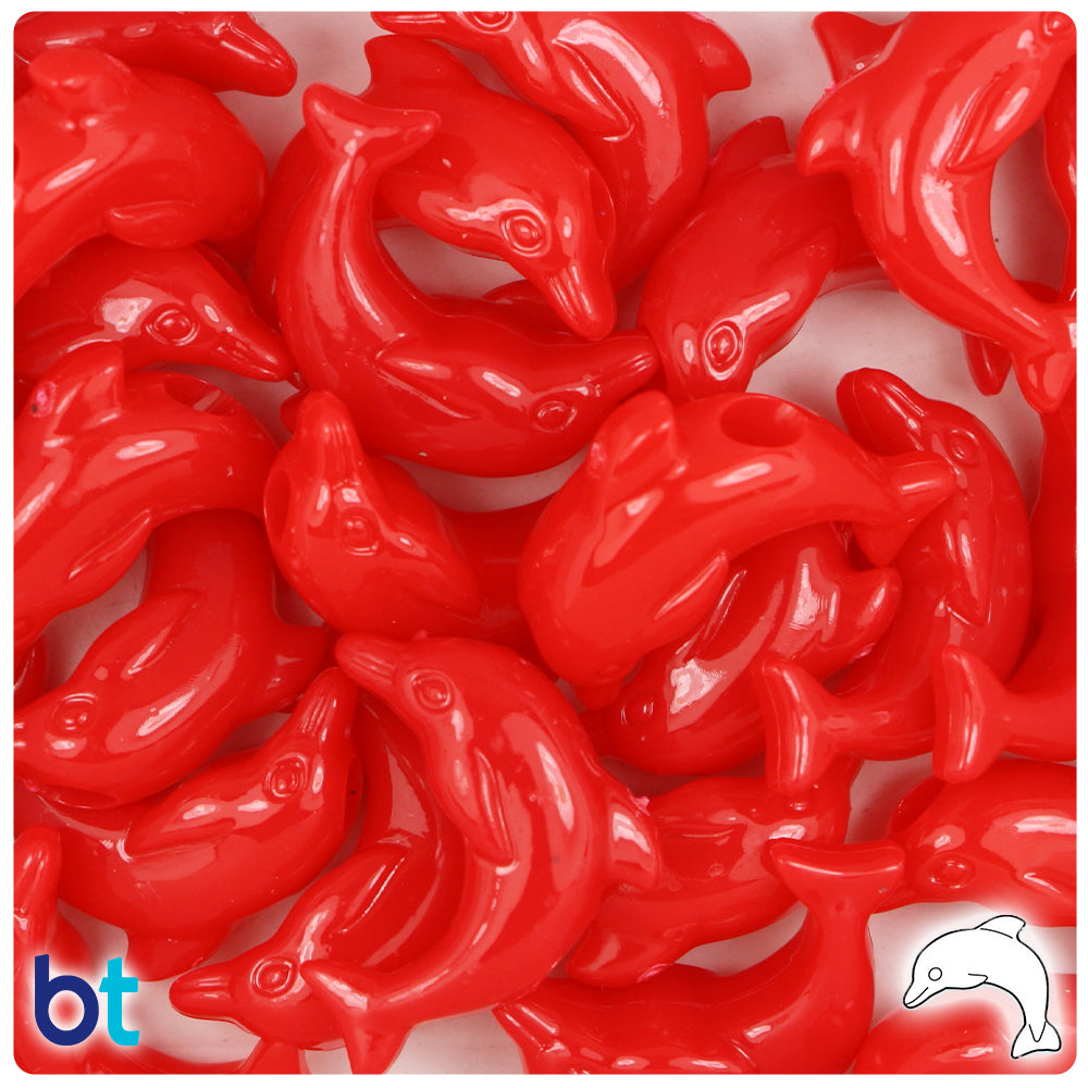 Bright Red Opaque 25mm Dolphin Pony Beads (24pcs)