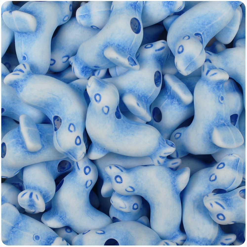 White w/Blue Antique 24mm Seal Pony Beads (8pcs)