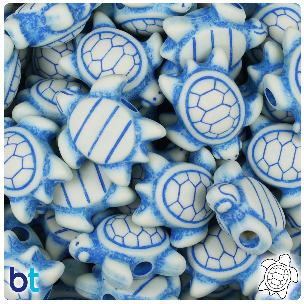Ivory w/Blue Antique 23mm Sea Turtle Pony Beads (24pcs)