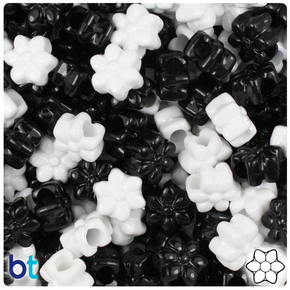 Black & White Opaque 13mm Flower Pony Beads (250pcs)