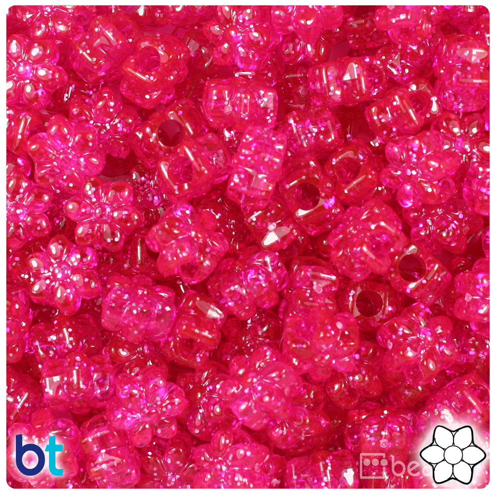 Bright Pink Sparkle 13mm Flower Pony Beads (250pcs)