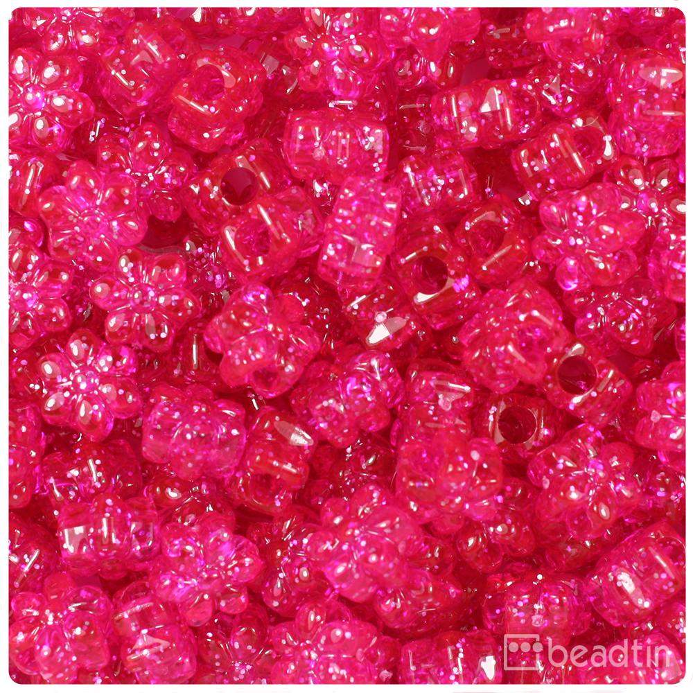 Bright Pink Sparkle 13mm Flower Pony Beads (50pcs)