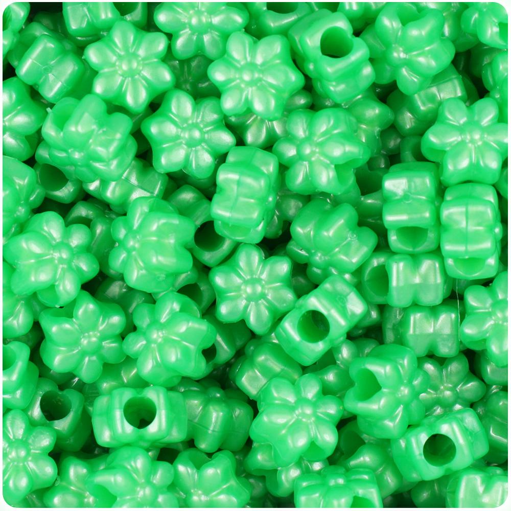 Bright Green Pearl 13mm Flower Pony Beads (50pcs)