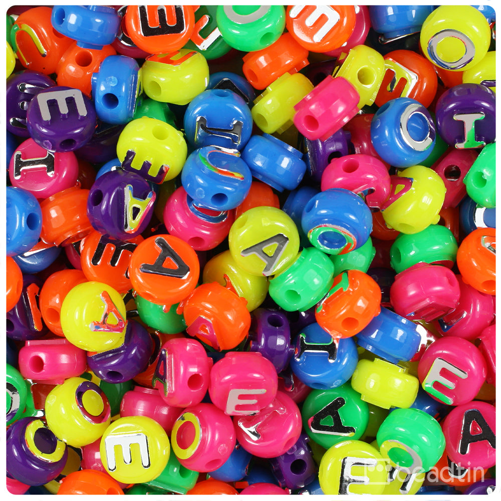 Neon Bright Mix 10mm Coin Alpha Beads - Silver Vowel Mix (144pcs)