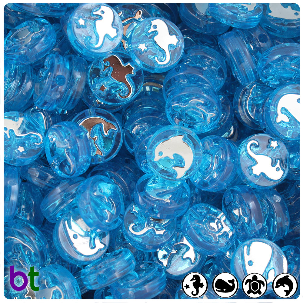 Sea Life 13mm Picture Beads - Turquoise Transparent with Silver (30pcs)