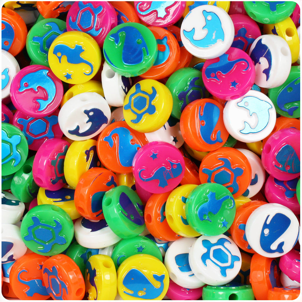 Sea Life 13mm Picture Beads - Opaque Mix with Metallic Blue (30pcs)